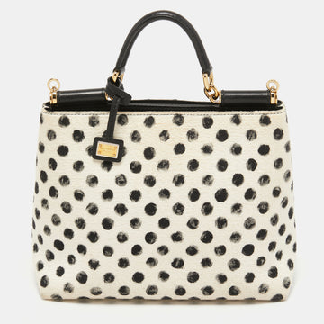 Dolce & Gabbana White/Black Polka Canvas and Leather Sicily Tote
