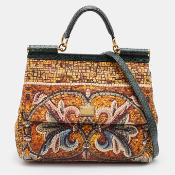 Dolce & Gabbana Multicolor Printed Canvas and Watersnake Leather Large Miss Sicily Top Handle Bag