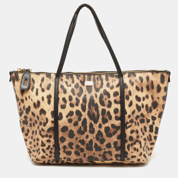 Dolce & Gabbana Black/Brown Leopard Print Coated Canvas  and Leather Miss Escape Zip Tote