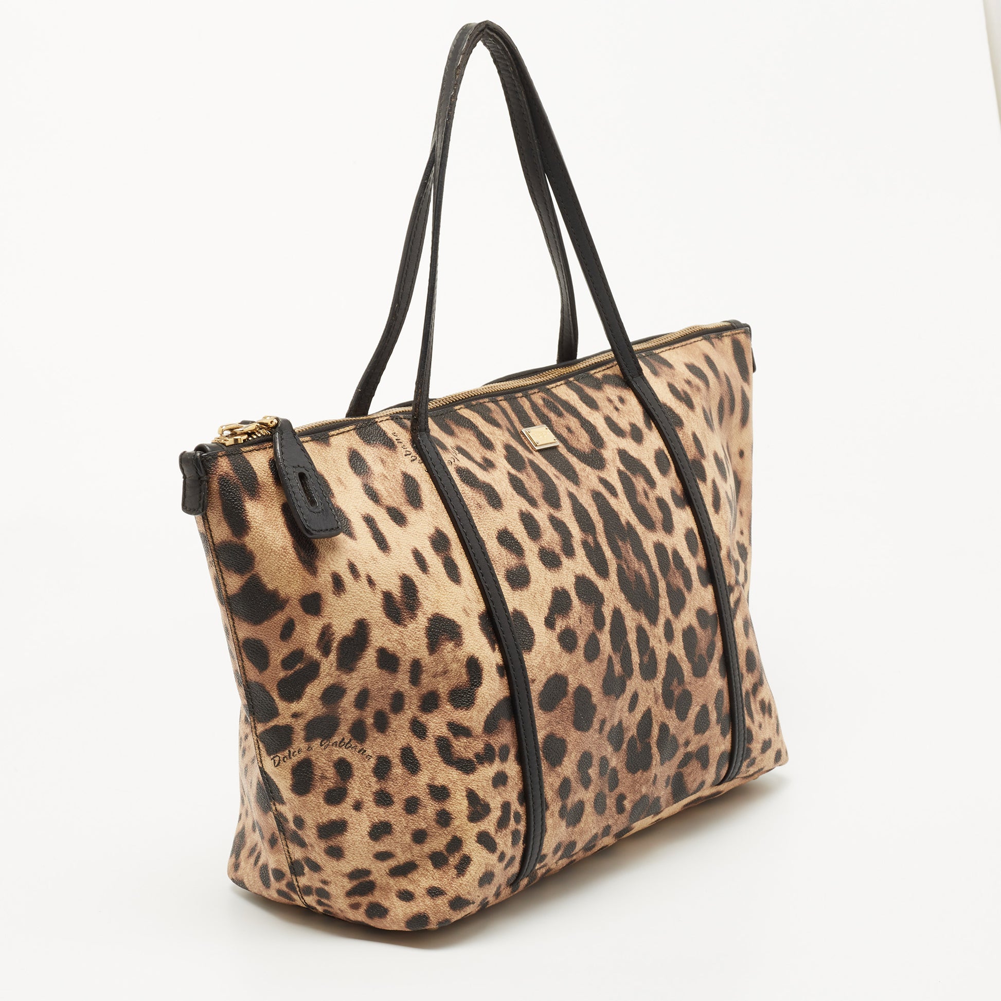 DOLCE & GABBANA Black Leather Leopard Print MISS EASY WAY Boston Tote Bag  AA464