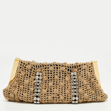 DOLCE & GABBANA Woven Gold Fabric Crystal Embellished Clutch