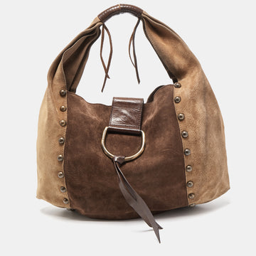 DOLCE & GABBANA Beige/Brown Suede Studded D-Ring Flap Hobo