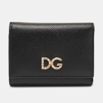 DOLCE & GABBANA Black Leather DG Crystals Trifold Wallet
