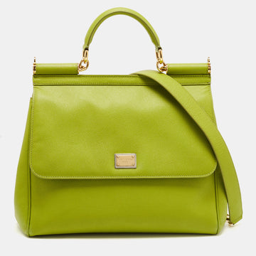 DOLCE & GABBANA Apple Green Leather Large Miss Sicily Top Handle Bag