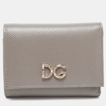 DOLCE & GABBANA Beige Leather DG Crystals Trifold Wallet