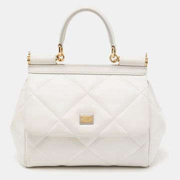 Dolce and Gabbana White Quilted Leather Small Miss Sicily Top Handle Bag