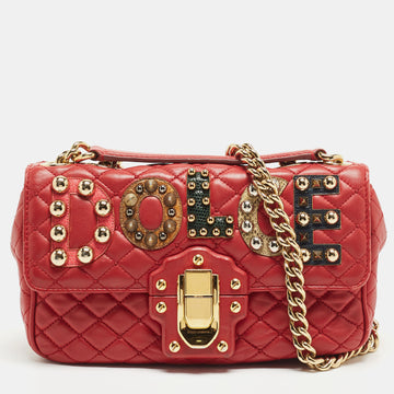 DOLCE & GABBANA Red Quilted Leather Lucia Embellished Shoulder Bag