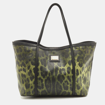 DOLCE & GABBANA Black/Green Leopard Print Coated Canvas and Leather Miss Escape Tote
