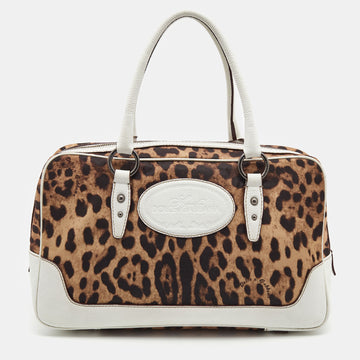 DOLCE & GABBANA White/Brown Leopard Print Fabric and Leather Animalier Satchel