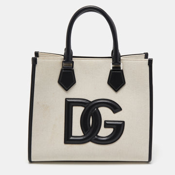 DOLCE & GABBANA Off-White/Black Canvas And Leather DG Logo Shopper Tote