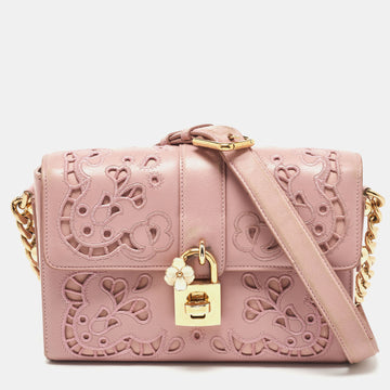 DOLCE & GABBANA Pink Leather Embroidered Dolce Shoulder Bag