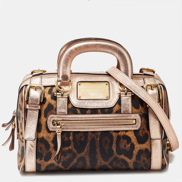 Dolce and Gabbana Brown/Metallic Pink Leopard Print Coated Canvas Miss Easy Way Satchel