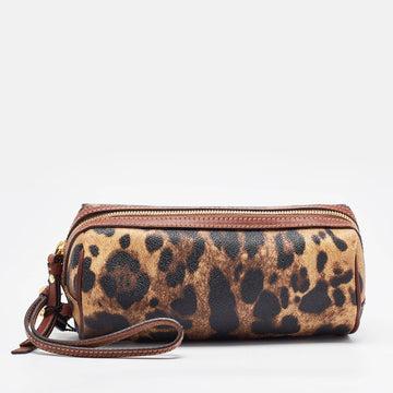 DOLCE & GABBANA Brown Leopard Print Coated Canvas and Leather Wristlet Pouch
