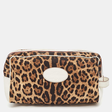 DOLCE & GABBANA White/Brown Leopard Print Fabric and Leather Cosmetic Pouch