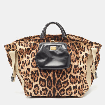 DOLCE & GABBANA Beige Brown/Black Leopard Print Fabric Front Pouch Tote