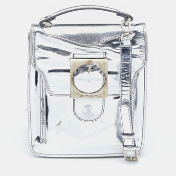 ETRO Metallic Silver Leather Flap Crossbody Bag
