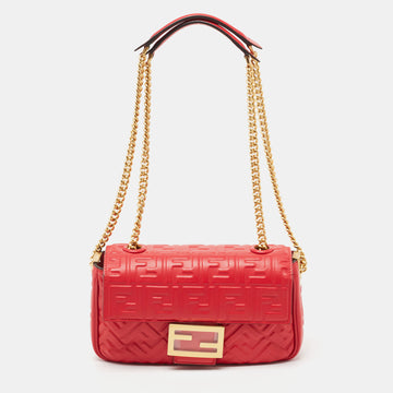 FENDI Red FF Embossed Leather Midi Chain Baguette Bag