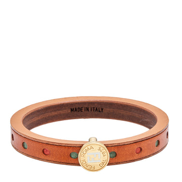 Fendi Wood Leather Multi Color Gold Tone Metal Bangle Bracelet