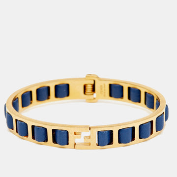 Fendi Blue Leather Gold Tone Chain Link Woven Bracelet S