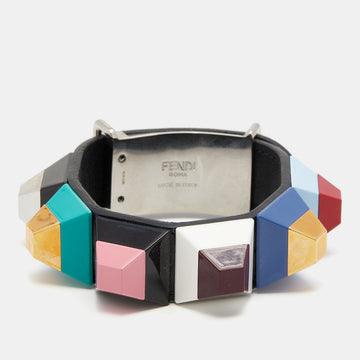 Fendi Multicolor Studded Rainbow Resin Leather Two Tone Metal Bracelet
