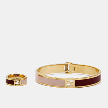 Fendi Fendista Bicolor Enamel Gold Tone Bangle Bracelet Ring Set