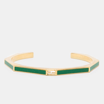 Fendi Baguette Green Enamel Gold Tone Open Cuff Bracelet