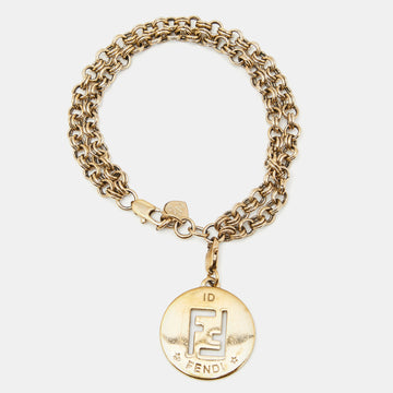 Fendi Gold Tone Double Chain Identification Charm Bracelet