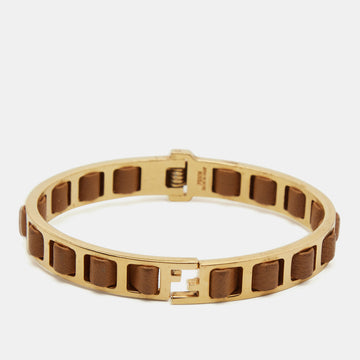 Fendi Fendista Logo Woven Leather Gold Tone Bangle Bracelet L