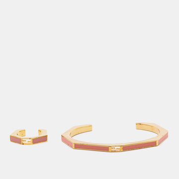 Fendi Pink Enamel Baguette Bracelet & Ring Set S