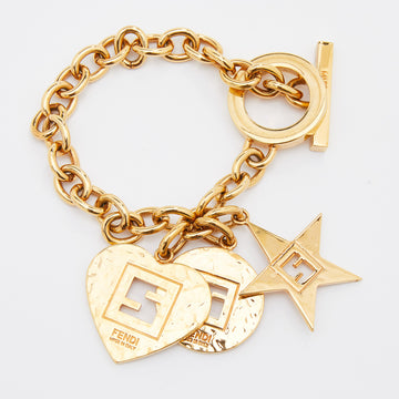 Fendi Gold Tone Heart Star Charm Chain Link Toggle Bracelet