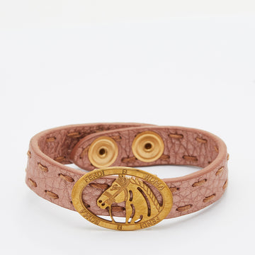 Fendi Metallic Dusty Pink Leather Selleria Horse Motif Wrap Bracelet