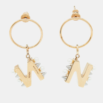FENDI  Gold Tone Pearl & Rockstudd Embellished N Letter Charm Drop Earrings