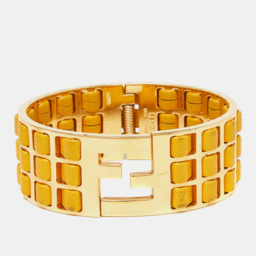 FENDI sta Yellow Leather Braided Gold Tone Cuff Bracelet