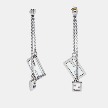 FENDI Silver Tone Chain Detail Logo Drop Earrings