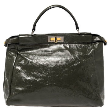 Fendi Dark Grey Crinkled Patent Leather Large Peekaboo Top Handle Bag