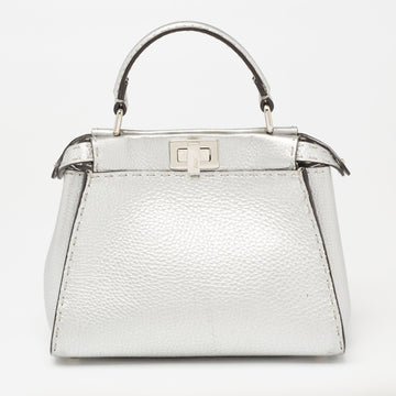 Fendi Silver Selleria Leather Mini Peekaboo Top Handle Bag