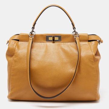 Fendi Tan Leather and Zucca Canvas Lining Large Peekaboo Top Handle Bag