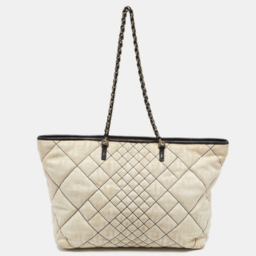Fendi Cream/Black Zucca Quilted Canvas And Leather Roll Shopper Tote
