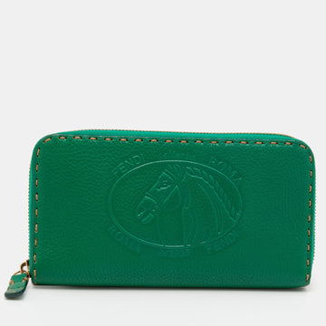 Fendi Green Leather Stitch Detail Zip Around Wallet