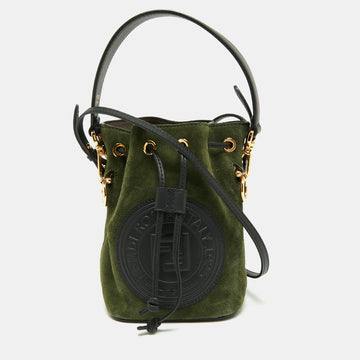 Fendi Green/Black Leather and Suede Mini Mon Tresor Drawstring Bucket Bag