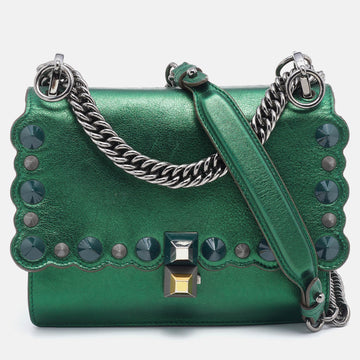Fendi Metallic Green Leather Small Scalloped Kan I Shoulder Bag