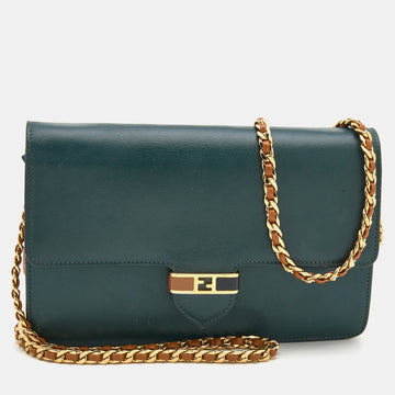 Fendi Dark Green/Tan Leather FF Flap Wallet On Chain