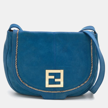 Fendi Blue Shimmering Leather Flap Crossbody Bag