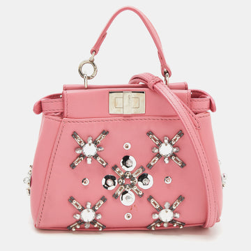 Fendi Pink Leather Crystal Embellished Micro Peekaboo Top Handle Bag