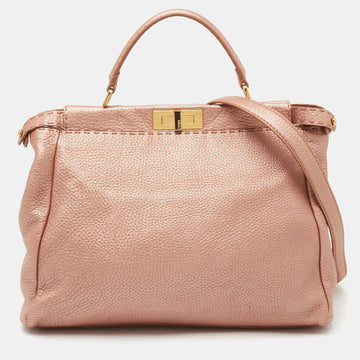 Fendi Metallic Pink Selleria Leather Large Peekaboo Top Handle Bag