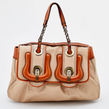 Fendi Beige/Tan Fabric and Leather Large B Bag Shoulder Bag