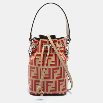 Fendi Beige/Red Monogram Embossed Leather Mini Mon Tresor Drawstring Bucket Bag