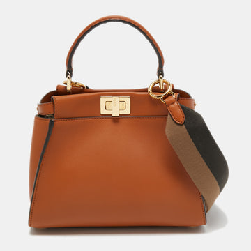 Fendi Brown Leather Mini Iconic Peekaboo Top Handle Bag