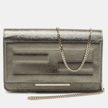Fendi Silver Laminated Leather Tube Wallet on Chain