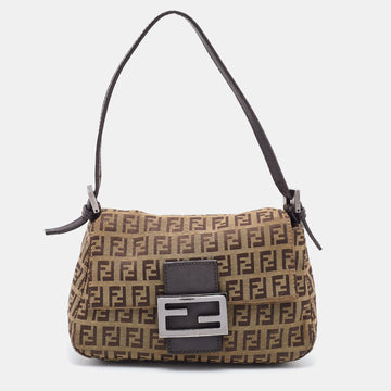 Fendi Brown Zucchino Canvas and Leather Baguette Bag
